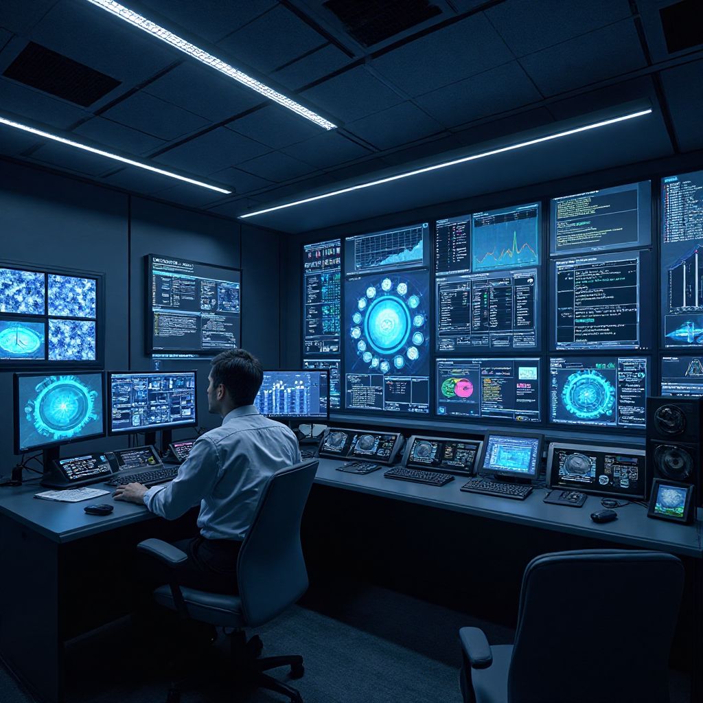 High-tech control room with multiple monitors and advanced computer systems