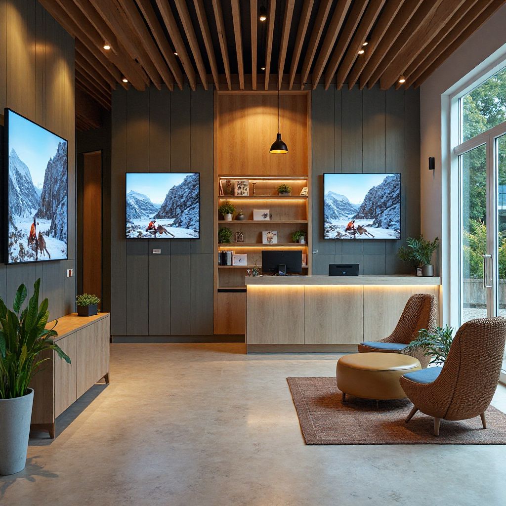Reception area with modern digital displays and welcoming atmosphere for guests