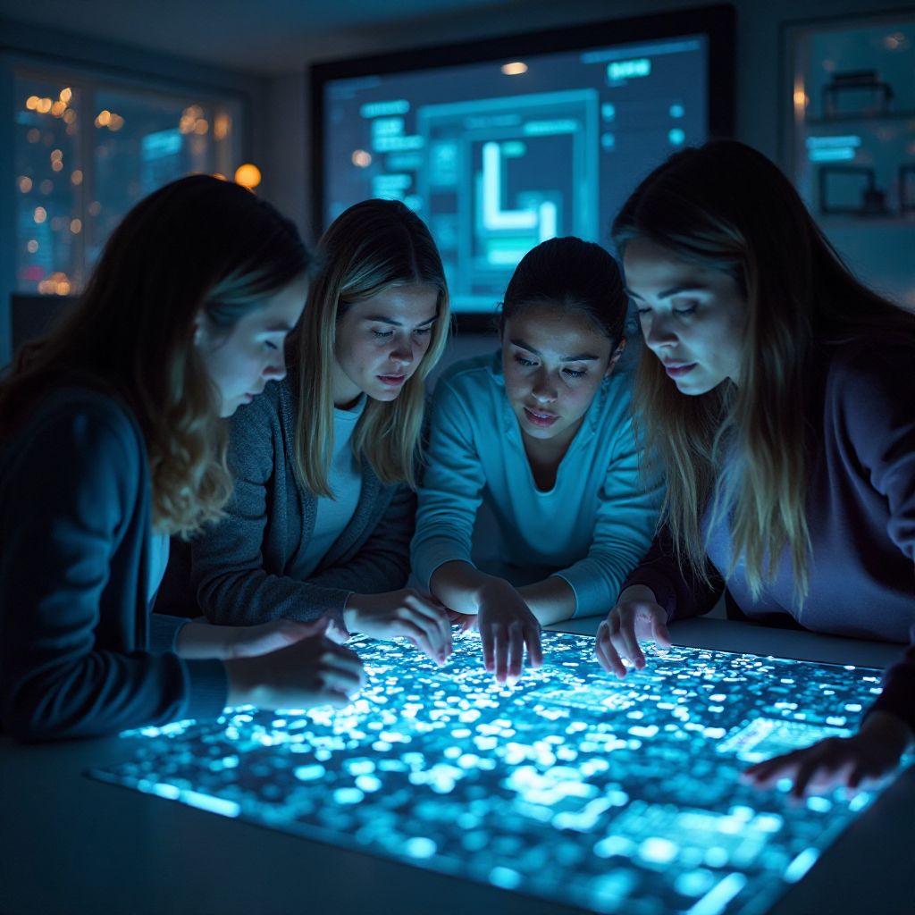 Team working together on digital puzzles